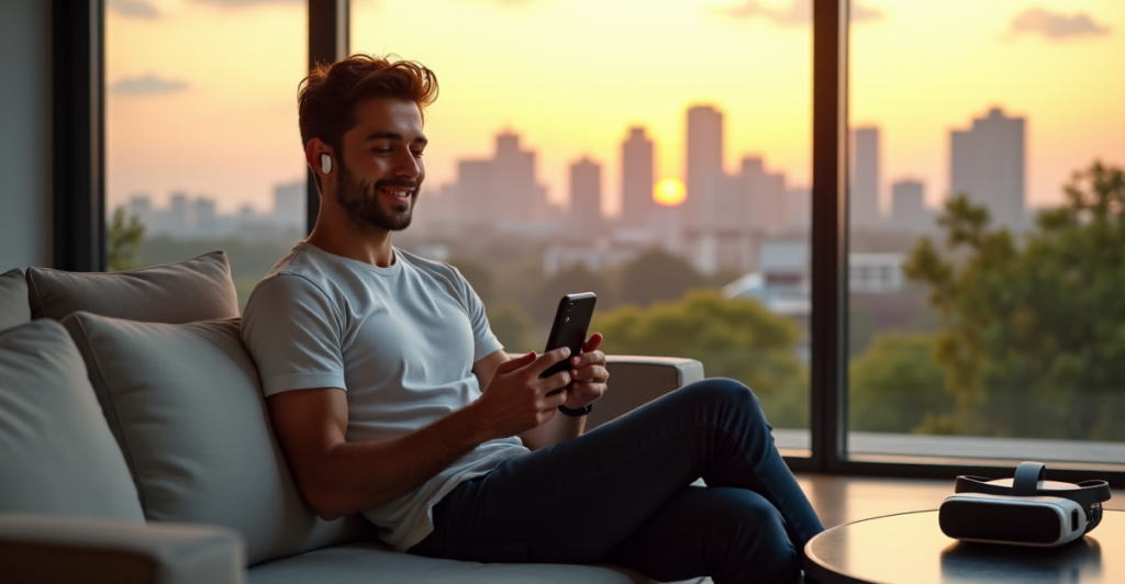 "A young adult male relaxes on a modern couch with a smartphone and futuristic entertainment device, surrounded by serene cityscape views at sunset."