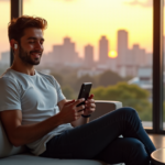 "Stream Smarter with Top 5G Gadgets and AI-Powered Entertainment Tech" "A young adult male relaxes on a modern couch with a smartphone and futuristic entertainment device, surrounded by serene cityscape views at sunset."