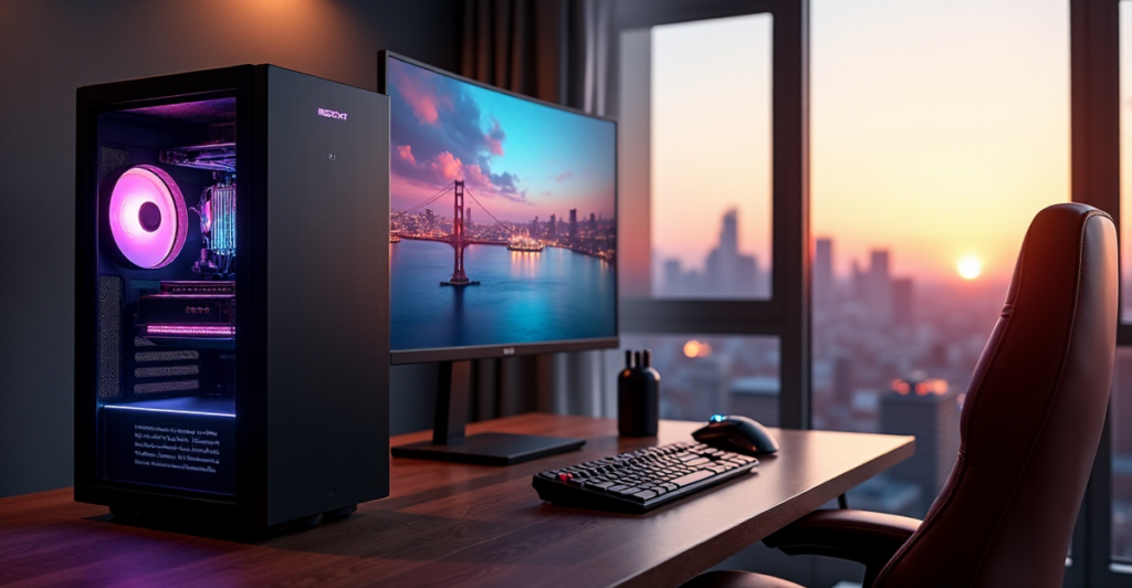 "A high-end gaming PC setup on a dark hardwood desk in a modern living room with floor-to-ceiling windows, featuring a CyberpowerPC system and top 5G connectivity gadgets for immersive virtual reality gaming."