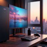 "Top Gaming Tech Gadgets for Unbeatable Style and Performance" "A high-end gaming PC setup on a dark hardwood desk in a modern living room with floor-to-ceiling windows, featuring a CyberpowerPC system and top 5G connectivity gadgets for immersive virtual reality gaming."