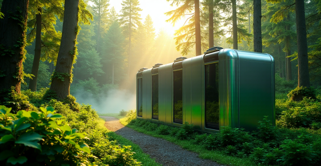 "A serene forest landscape with a sleek, silver-green data center blending into its surroundings, symbolizing harmony between cutting-edge tech and nature."