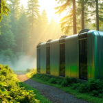 "A serene forest landscape with a sleek, silver-green data center blending into its surroundings, symbolizing harmony between cutting-edge tech and nature."