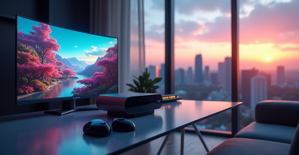 "A modern gaming setup with a sleek 5G console, curved LED TV, and futuristic accessories in a warm cityscape environment, highlighting top 5G connectivity gadgets."