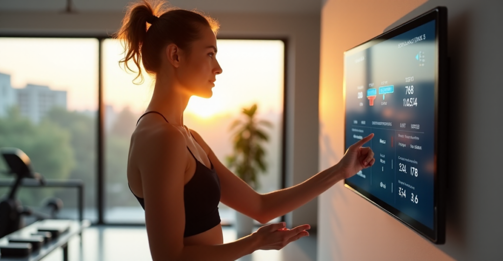 "A young woman stands confidently in front of a sleek smart fitness console, surrounded by cutting-edge health monitoring devices in a modern living room with soft natural light."