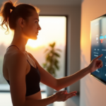 "A young woman stands confidently in front of a sleek smart fitness console, surrounded by cutting-edge health monitoring devices in a modern living room with soft natural light."