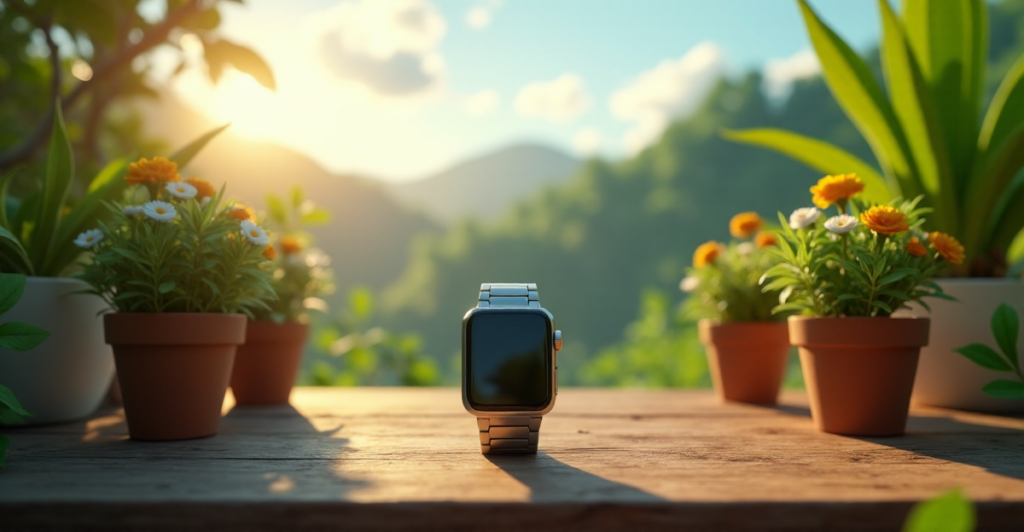 "A serene outdoor setting featuring an eco-friendly smartwatch on a wooden desk amidst lush greenery, surrounded by vibrant flowers and leaves, capturing warm golden hour light with gentle shadows."