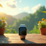 "A serene outdoor setting featuring an eco-friendly smartwatch on a wooden desk amidst lush greenery, surrounded by vibrant flowers and leaves, capturing warm golden hour light with gentle shadows."