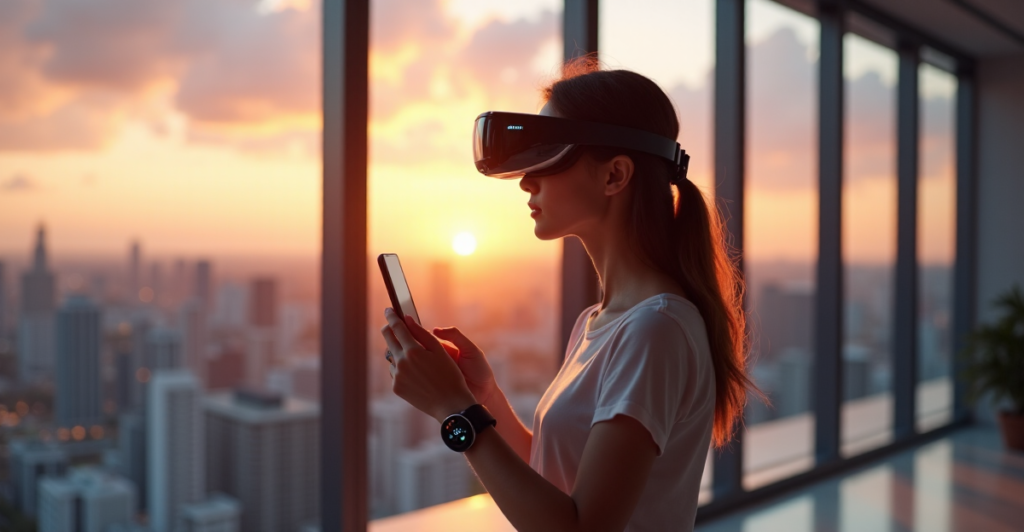"A young adult stands in a modern living room, wearing cutting-edge smartwatch and AR glasses, gazing at cityscape through AR glasses with smartphone in hand."