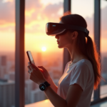 "Unlock a Smarter Tomorrow with Wearable Tech Innovations and Future 5G Gadgets" "A young adult stands in a modern living room, wearing cutting-edge smartwatch and AR glasses, gazing at cityscape through AR glasses with smartphone in hand."