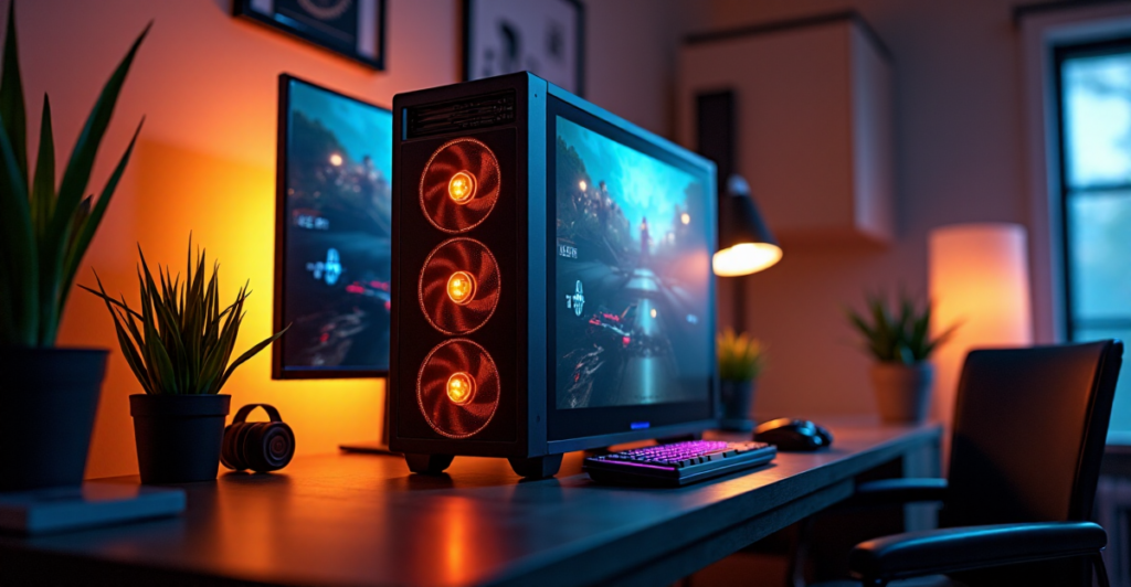 A high-end gaming PC setup on a dark wood desk in a modern home office, with vibrant gaming scene displayed on its monitor and various tech components highlighted by golden hour lighting.
