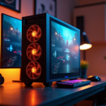 A high-end gaming PC setup on a dark wood desk in a modern home office, with vibrant gaming scene displayed on its monitor and various tech components highlighted by golden hour lighting.