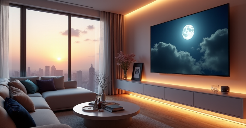 "A modern living room with a sleek smart home system, featuring an 85-inch touchscreen display, dimmable LED lights, and top 5G connectivity gadgets 2025 integrated into a serene cityscape at dusk."