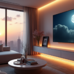 "A modern living room with a sleek smart home system, featuring an 85-inch touchscreen display, dimmable LED lights, and top 5G connectivity gadgets 2025 integrated into a serene cityscape at dusk."