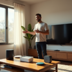 "Max Zypher's Top 5G Smart Home Picks for a Smarter Living Today" "Max Zypher standing confidently in front of his top smart home picks, showcasing cutting-edge technology on a minimalist wooden coffee table in a modern living room."