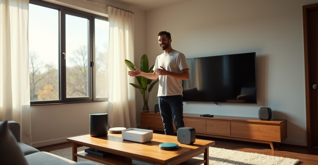 "Max Zypher standing confidently in front of his top smart home picks, showcasing cutting-edge technology on a minimalist wooden coffee table in a modern living room."