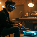 "Unlock Blockchain's Power in Music: Budget-Friendly Tech Revolutionizing the Industry" "A young musician sits on a stool in an industrial recording studio, wearing AR glasses and manipulating wireless drumsticks near a blockchain-enabled device, surrounded by vintage music equipment."
