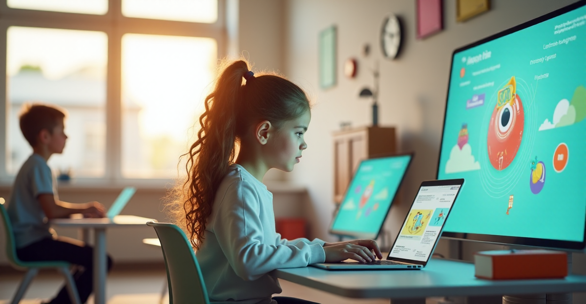 A young girl sits in a modern classroom surrounded by cutting-edge education technology tools, engaged with an interactive whiteboard displaying a 3D animated lesson plan, highlighting top gadgets for seamless learning experience.