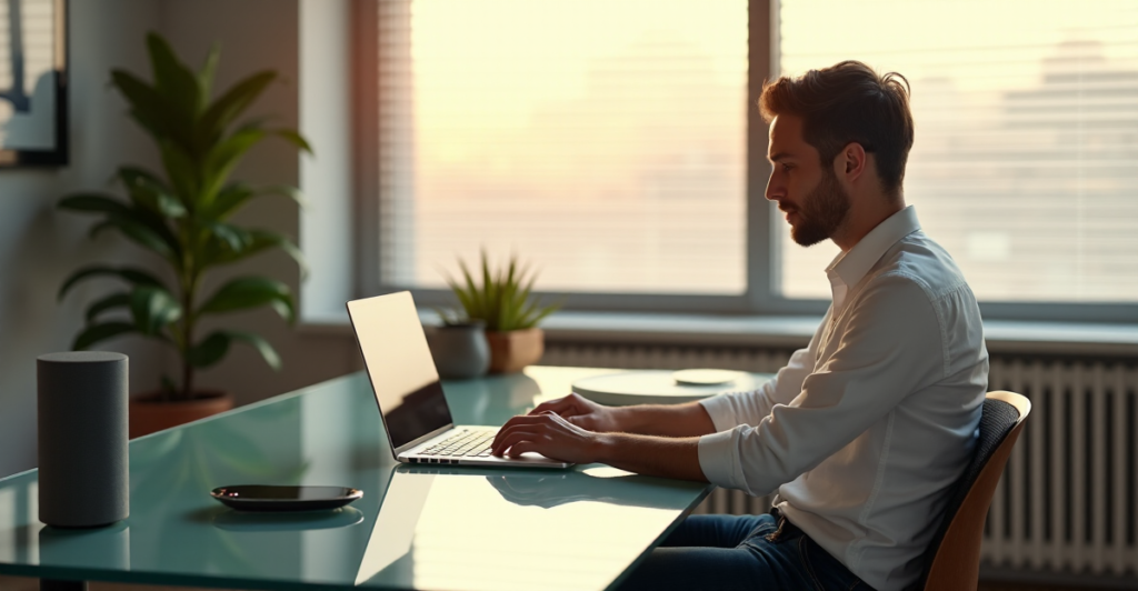 "A young professional sits at a modern glass desk surrounded by cutting-edge AI automation devices in a serene workspace with soft lighting."