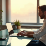 "A young professional sits at a modern glass desk surrounded by cutting-edge AI automation devices in a serene workspace with soft lighting."