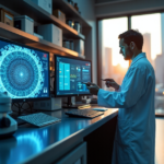 "A biotech laboratory featuring a scientist at an AI-powered workstation with high-definition screens, surrounded by automated machinery and equipment, under soft natural light."