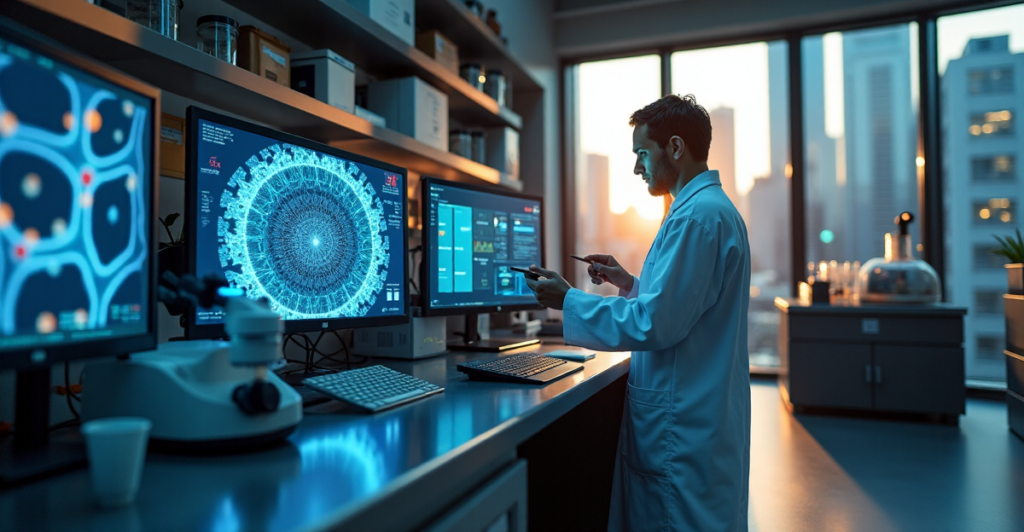 "A biotech laboratory featuring a scientist at an AI-powered workstation with high-definition screens, surrounded by automated machinery and equipment, under soft natural light."