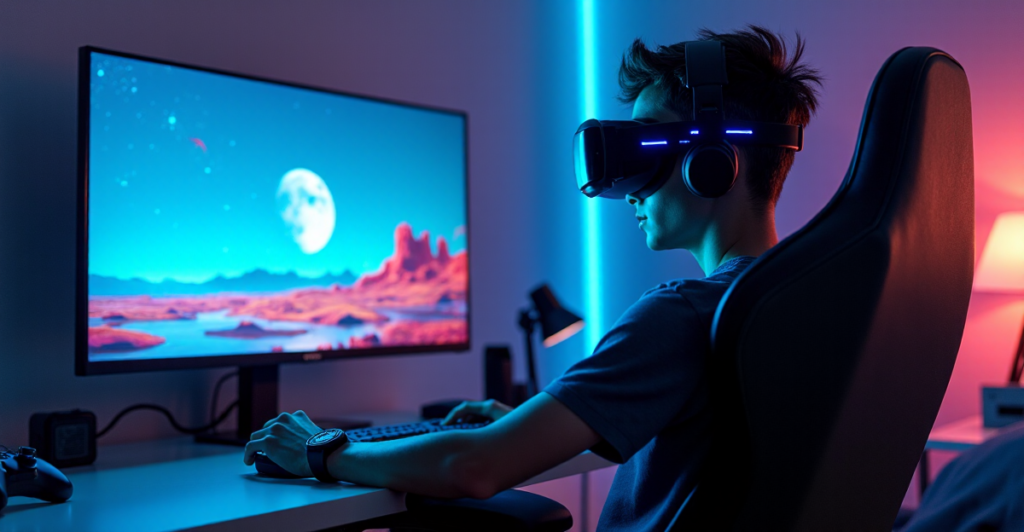 "A young gamer immersed in a virtual reality landscape on a massive curved 5G-enabled monitor, surrounded by top 5G connectivity gadgets and AI-powered tech."