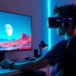 "Unlock Ultimate Gaming Experience with Top 5G Gadgets and AI-Powered Tech That Enhances Every Aspect of Gameplay" "A young gamer immersed in a virtual reality landscape on a massive curved 5G-enabled monitor, surrounded by top 5G connectivity gadgets and AI-powered tech."