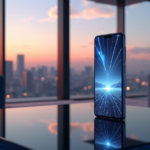 "Tomorrow's Tech Today: Top 5G Gadgets and Cutting-Edge Innovations for a Smarter Future" "A sleek silver smartphone with a foldable OLED screen stands on a minimalist desk in a modern living room, surrounded by a cityscape at dusk, showcasing cutting-edge data transmission speeds."