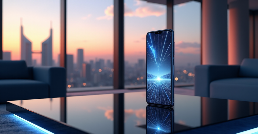"A sleek silver smartphone with a foldable OLED screen stands on a minimalist desk in a modern living room, surrounded by a cityscape at dusk, showcasing cutting-edge data transmission speeds."