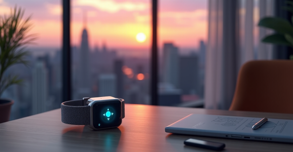 "A futuristic smartwatch with AI module on a minimalist wooden desk in a modern home office, amidst a cityscape at dusk."