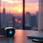 "A futuristic smartwatch with AI module on a minimalist wooden desk in a modern home office, amidst a cityscape at dusk."