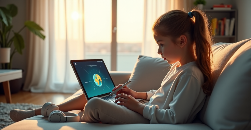 "A young girl sits on a minimalist couch with a tablet, wireless keyboard, stylus pen, and noise-cancelling headphones, immersed in an interactive 3D globe, showcasing smart learning with Top 5G connectivity gadgets 2025."