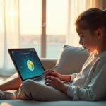 "A young girl sits on a minimalist couch with a tablet, wireless keyboard, stylus pen, and noise-cancelling headphones, immersed in an interactive 3D globe, showcasing smart learning with Top 5G connectivity gadgets 2025."