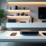 "A photorealistic image of a modern smart home system featuring an AI-powered hub with 5G connectivity, surrounded by sleek gadgets and devices in a minimalist living room."