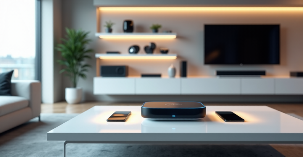 "A photorealistic image of a modern smart home system featuring an AI-powered hub with 5G connectivity, surrounded by sleek gadgets and devices in a minimalist living room."