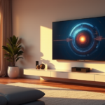 "A modern living room featuring a large smart TV surrounded by cutting-edge smart home devices, bathed in warm golden hour light."