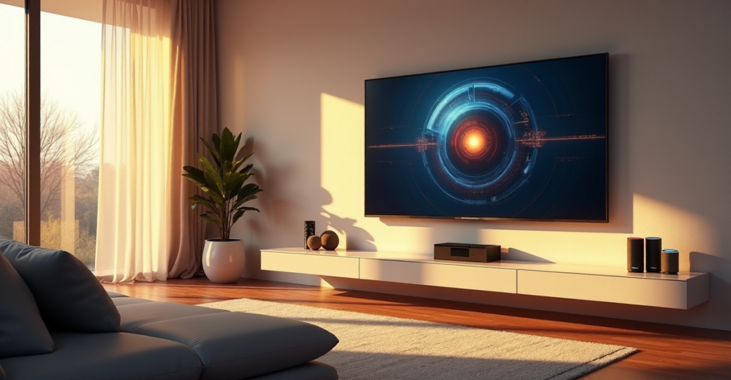 "A modern living room featuring a large smart TV surrounded by cutting-edge smart home devices, bathed in warm golden hour light."