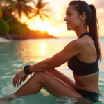 "Smarter Health and Fitness Tech for a Balanced Lifestyle" "A young woman sits on a serene beach at sunrise, surrounded by lush greenery, wearing a fitness tracker and holding a smartwatch, conveying confidence and balance amidst nature."