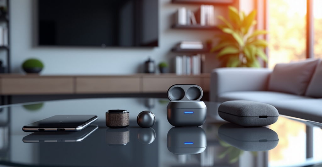 "A modern living room scene featuring cutting-edge innovation gadgets: a futuristic smartphone, smartwatch, wireless earbuds charging case, slim 5G router, and portable power bank."