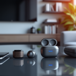 "A modern living room scene featuring cutting-edge innovation gadgets: a futuristic smartphone, smartwatch, wireless earbuds charging case, slim 5G router, and portable power bank."