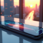 "A sleek, futuristic smartphone on a high-tech glass desk, showcasing a 5G network's data transmission speed and efficiency, set against a cityscape at sunset with towering skyscrapers."