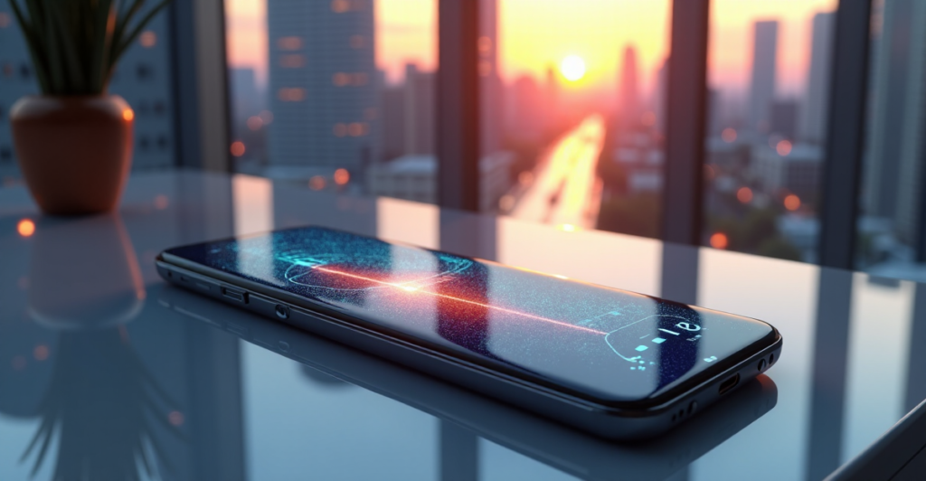 "A sleek, futuristic smartphone on a high-tech glass desk, showcasing a 5G network's data transmission speed and efficiency, set against a cityscape at sunset with towering skyscrapers."