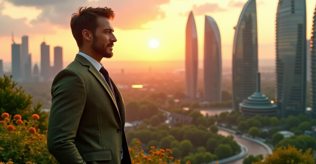 "Max Zypher stands confidently in front of a futuristic cityscape at sunset, embodying his vision for a sustainable future with cutting-edge green tech solutions."