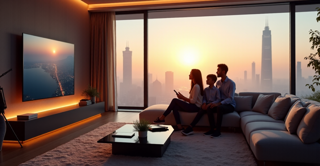 "A family of four relaxes in a high-end living room surrounded by cutting-edge smart devices amidst a serene misty dawn cityscape."