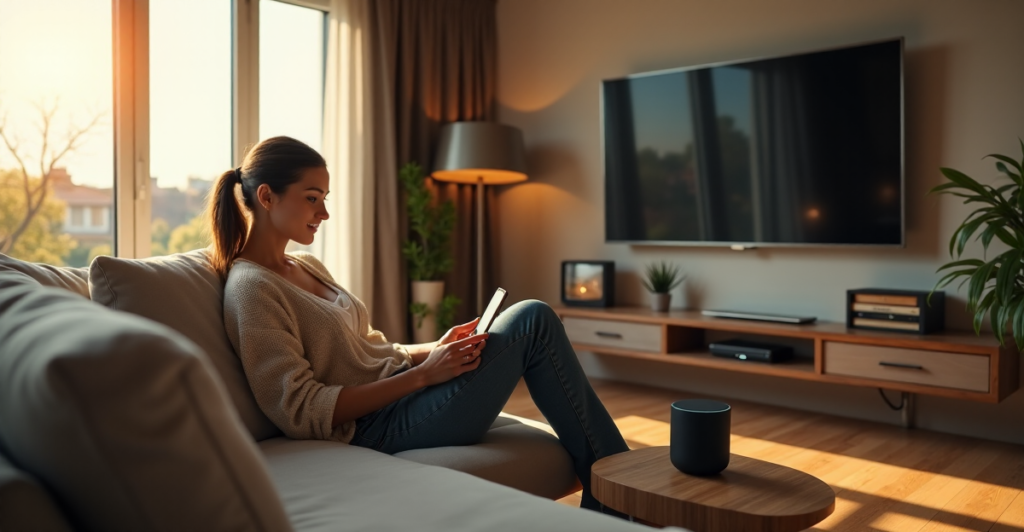 "A woman relaxes on a plush couch amidst cutting-edge gadgets, including a smartwatch, voice-controlled speaker, and top 5G connectivity devices in a serene living room."