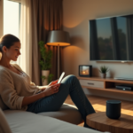 Smarter Living Made Easy with Cutting-Edge Gadgets and Devices "A woman relaxes on a plush couch amidst cutting-edge gadgets, including a smartwatch, voice-controlled speaker, and top 5G connectivity devices in a serene living room."