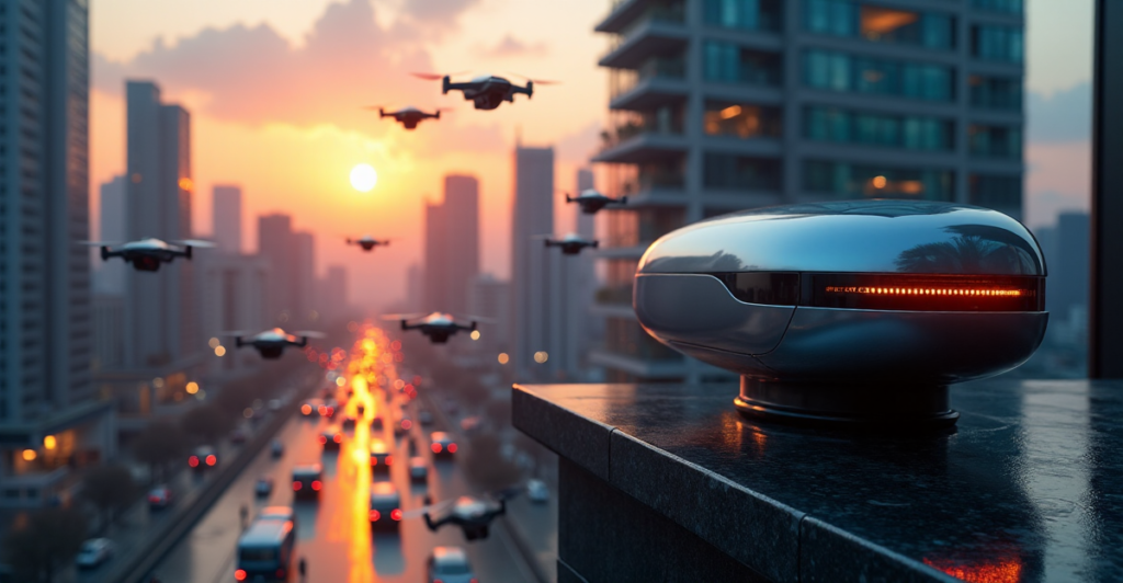 "A futuristic cityscape at dusk featuring a sleek silver device on a skyscraper, surrounded by drones, neon-lit buildings, and pedestrians."