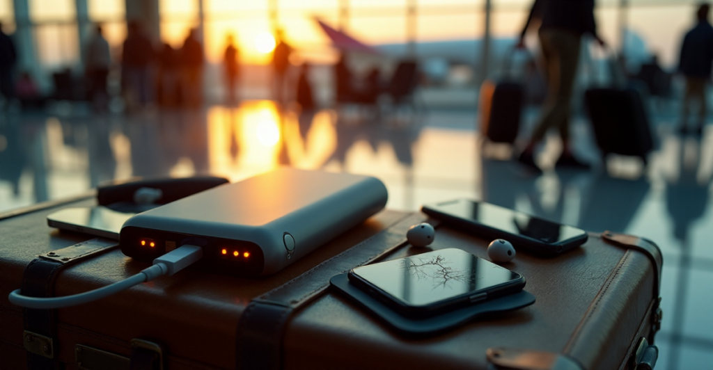 "A sleek silver power bank surrounded by mobile gadgets in a bustling airport terminal, highlighting responsible travel planning with cutting-edge technology."