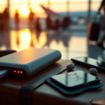 "A sleek silver power bank surrounded by mobile gadgets in a bustling airport terminal, highlighting responsible travel planning with cutting-edge technology."