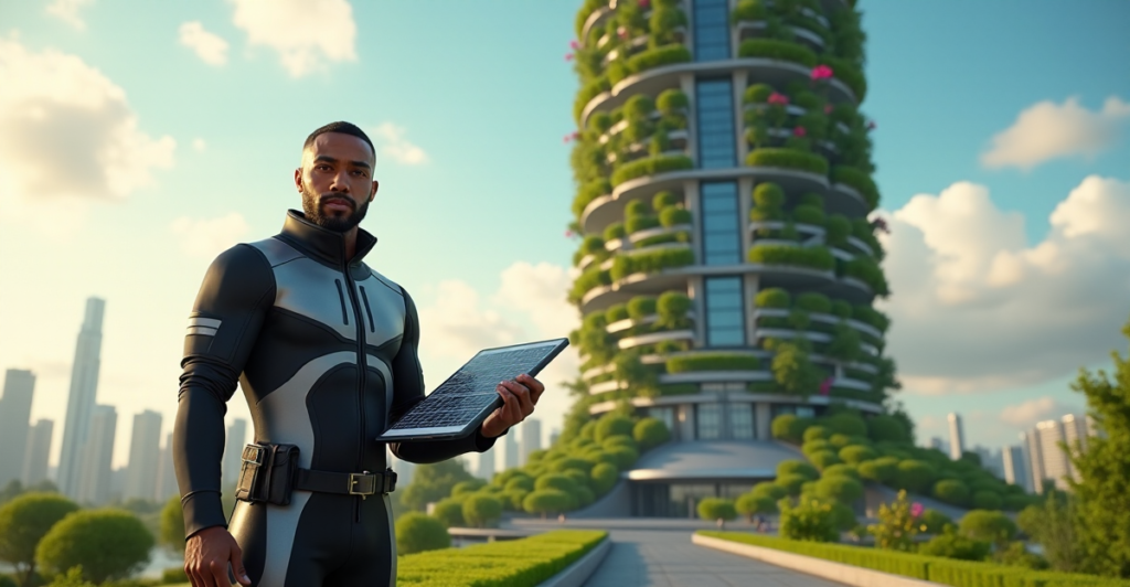"Max Zypher stands confidently in front of a futuristic green energy facility with a cityscape, showcasing his innovative sustainable solutions and top 5G connectivity gadgets."